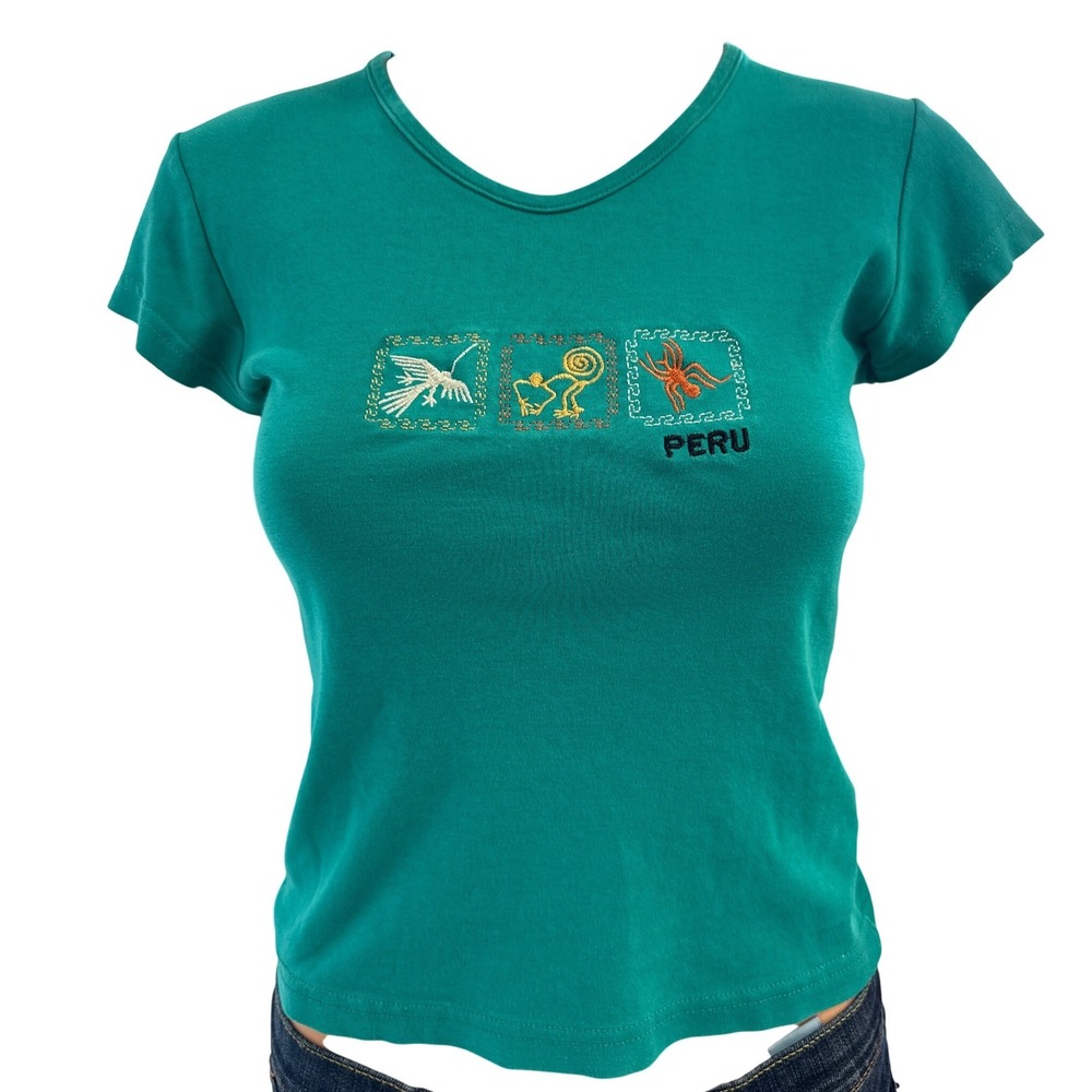 Vintage Clever Peru Nazca Lines Embroidered V-Neck T-Shirt Green Vintage Small